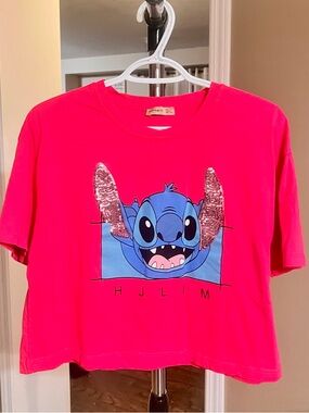 RARE! Cropped Disney Stitch Graphic Tee - Hot Pink with sequin ears